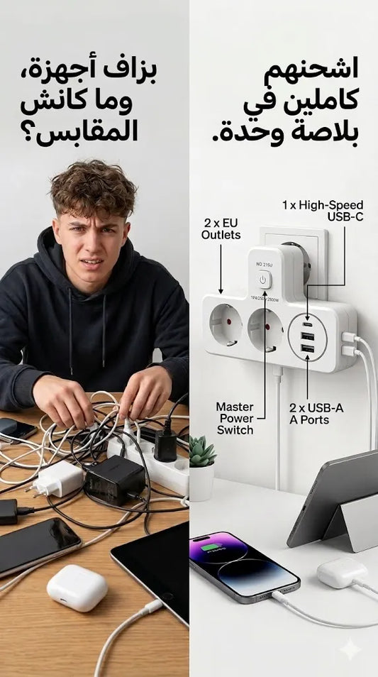 موزع طاقة ذكي 5 في 1 - شاحن سريع مع مصباح مضيء بثلاث وضعيات ومنظم مقابس بقدرة 2500 واط مع منافذ USB و Type-C
