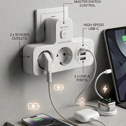 موزع طاقة ذكي 5 في 1 - شاحن سريع مع مصباح مضيء بثلاث وضعيات ومنظم مقابس بقدرة 2500 واط مع منافذ USB و Type-C